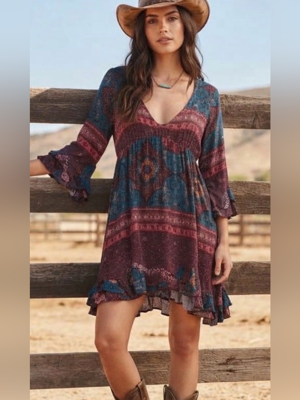 Boho V-Neck Mini Dress in Teal & Burgundy Large